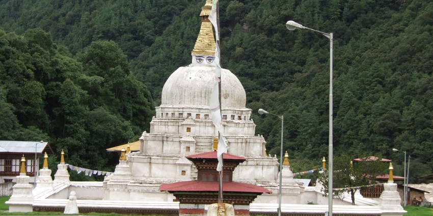 A sacred stupa in Trashiyangtse surrounded by rich traditions and stunning mountain views, among the most haunted places in Bhutan.