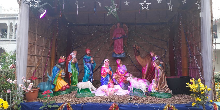 Statues of Mary and Jesus are displayed outside the Archbishop’s House during Christmas