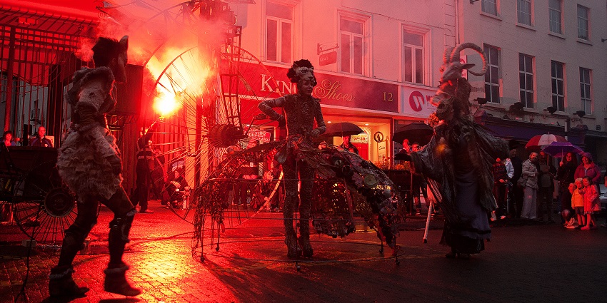 A group of artists perform at the Macnas Street Parade during the Kilkenny Arts Festival.