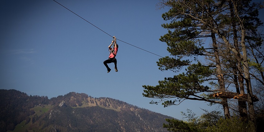 Thrill-seekers zip through treetop obstacle courses with stunning alpine backdrops.