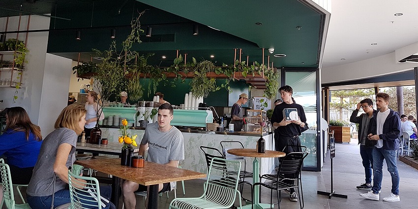 People enjoying their coffee in a cosy café with a green, relaxing interior near the beach