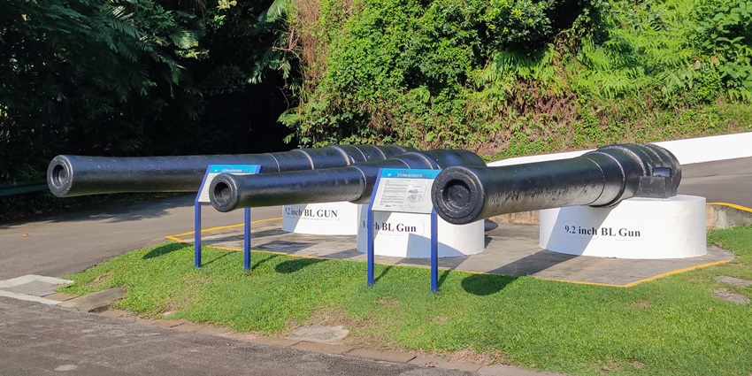 A detailed photo of two historic British coastal artillery pieces, one of the best things to see in Singapore with family.