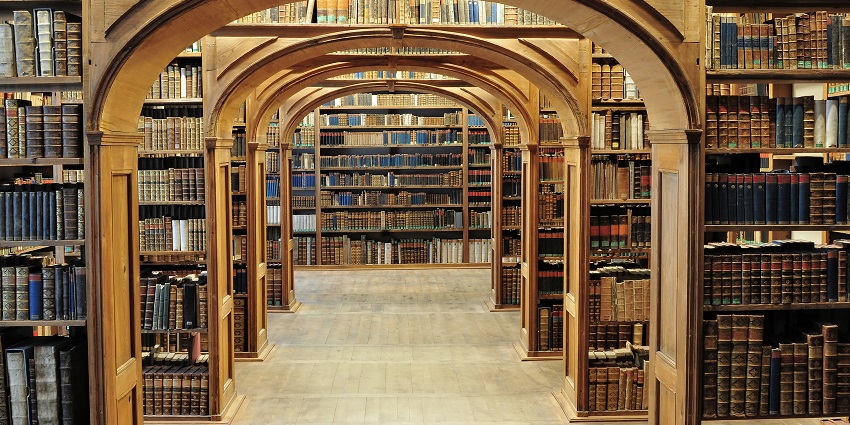 A library with countless books by different writers from all over the world on the shelf