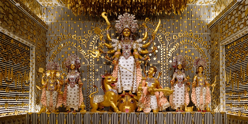 Durga Puja, a festival in Bangladesh, a pandal in Chalta Bagan, adorned with lighting.