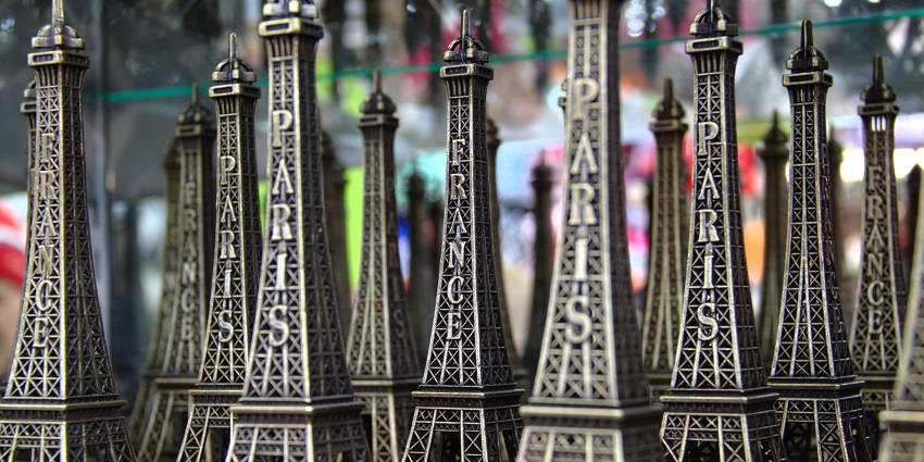 A collection of Eiffel Tower miniatures, one of the famous things to buy in Paris.
