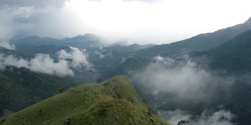 An aerial view shows scenic clouds hovering above the Ella Valley in Sri Lanka.
