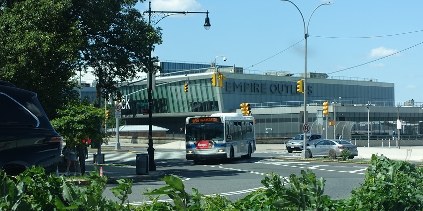 Image of the outdoors of the Empire Outlets mall, one of the most famous malls in NYC.