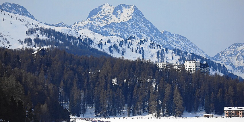 Snow-covered valley with tall alpine trees and a long queue winding through the landscape.