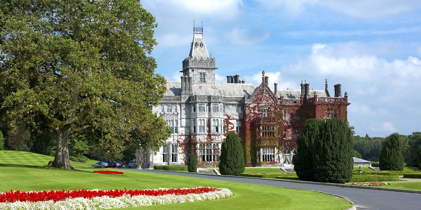 Beautiful image of lush gardens at the Adare Manor Hotel, things to do in Adare, Ireland.