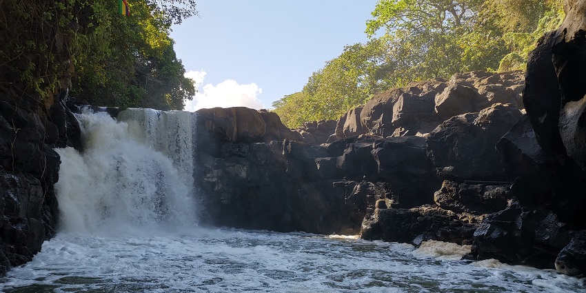 Waterfall cascading over stones into a river, surrounded by dense forest greenery