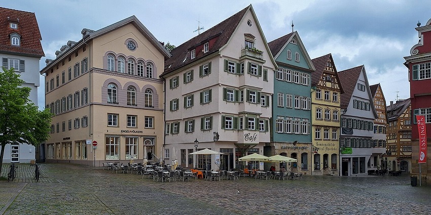 Rathausplatz in Esslingen am Neckar, Germany, showcasing half-timbered buildings