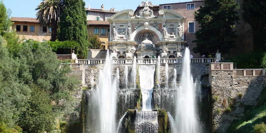 View of the Villa D'Este, with fountains and surrounded by lush greenery