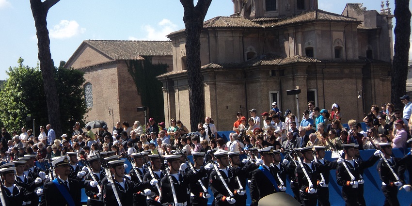 Military parade of soldiers marching during the Festa della Repubblica celebration in Rome