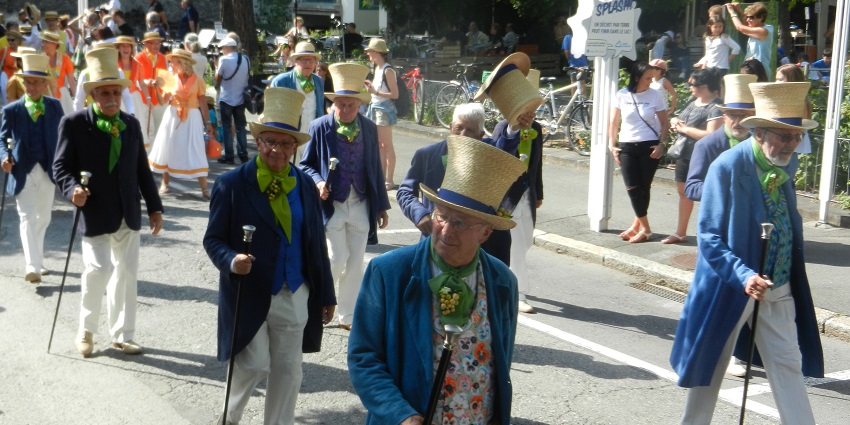 People in traditional attire walking in a cultural parade on a bright, sunny day.