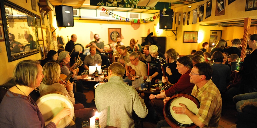 People gather on the streets of Omagh in Northern Ireland during Fleadh Cheoil na hÉireann.
