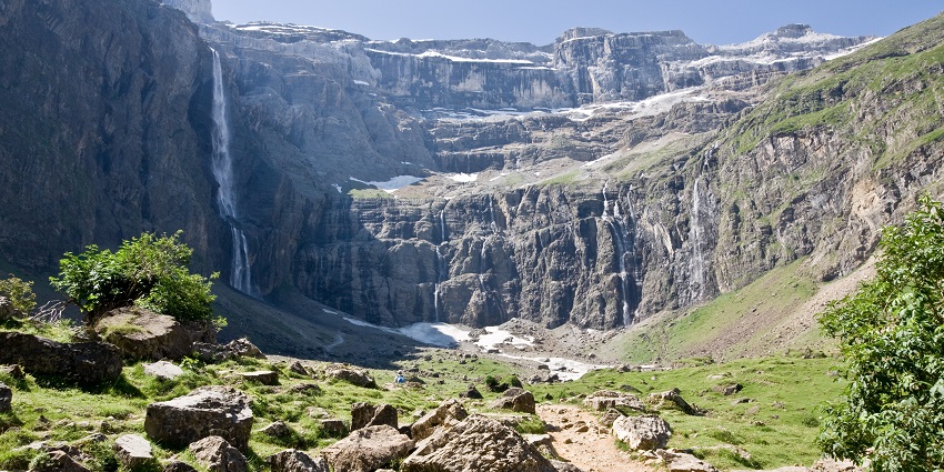 Gavarnie Cirque with a tall, glacial waterfall and One of the best waterfalls in France
