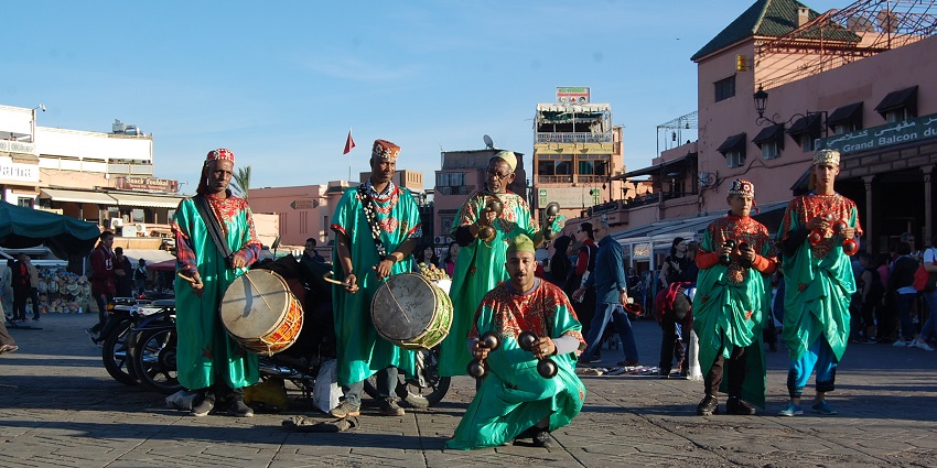 Traditional Gnaoua musicians performing during one of the famous festivals in Morocco.
