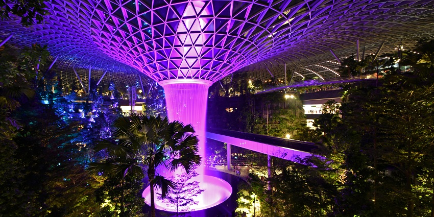 Rain Vortex at Jewel Changi, the world's tallest indoor waterfall with a glass dome