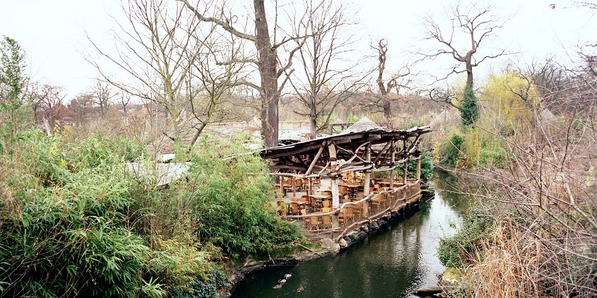 Beautiful park with a lake amidst the forest at the Hannover Adventure, a zoo in Germany.
