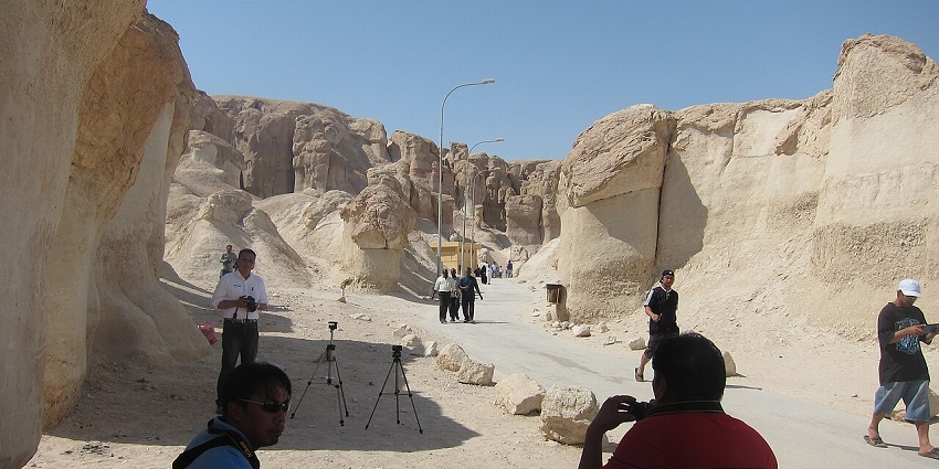 Tourists enjoying one of the caves in Saudi Arabia which boasts an underground lake.