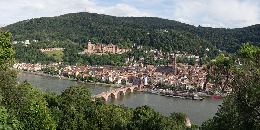 A view of Heidelberg, showing well-built houses amidst the lush greenery of the hill stations in Germany.