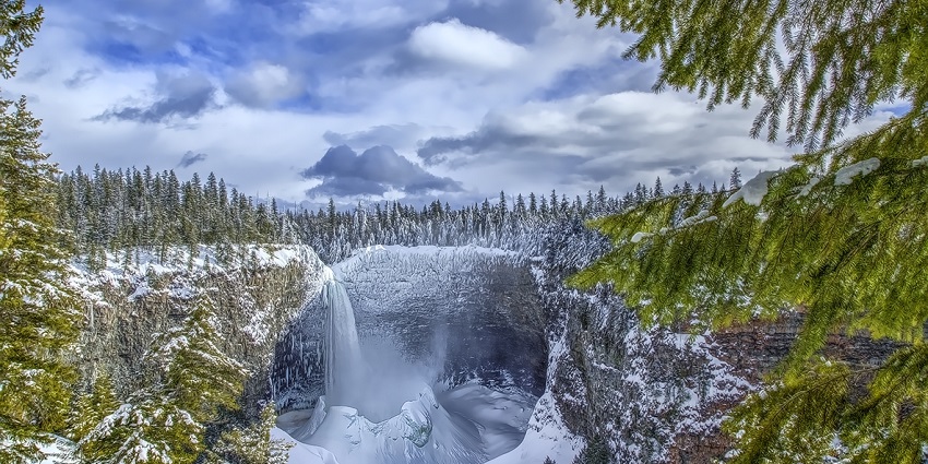 The Helmcken Falls in the snow-covered Wells Gray Provincial Park; a winter view