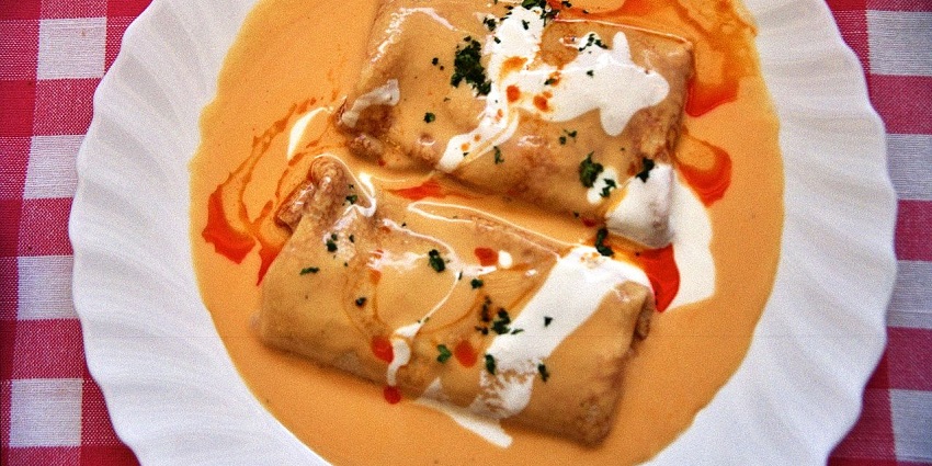 An image showing Hortobágyi Palacsinta, a traditional food in Hungary.