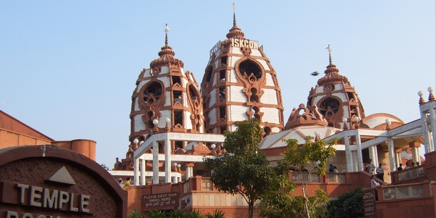 Image of the beautiful ISKCON Temple in the serenity of the Delhi