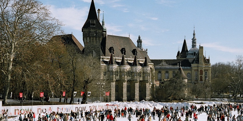 An image of people skating in the City Park Ice Rink, a famous thing to do in February Budapest.