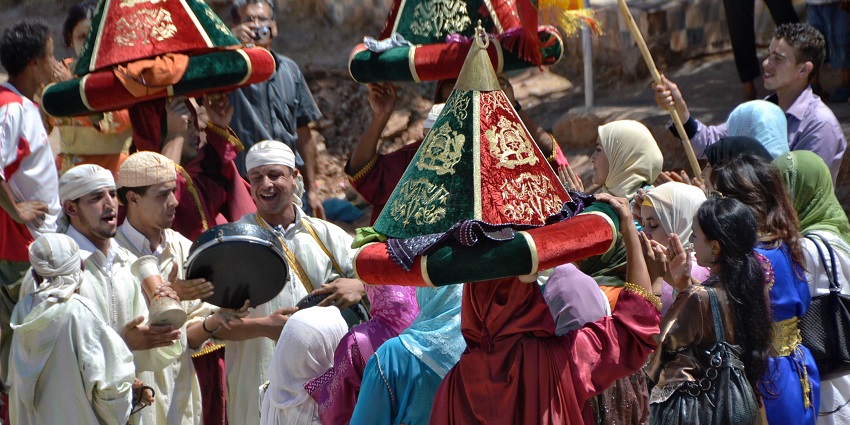 Festive Berber wedding in Morocco, a local special tradition in joy and good humour and music.