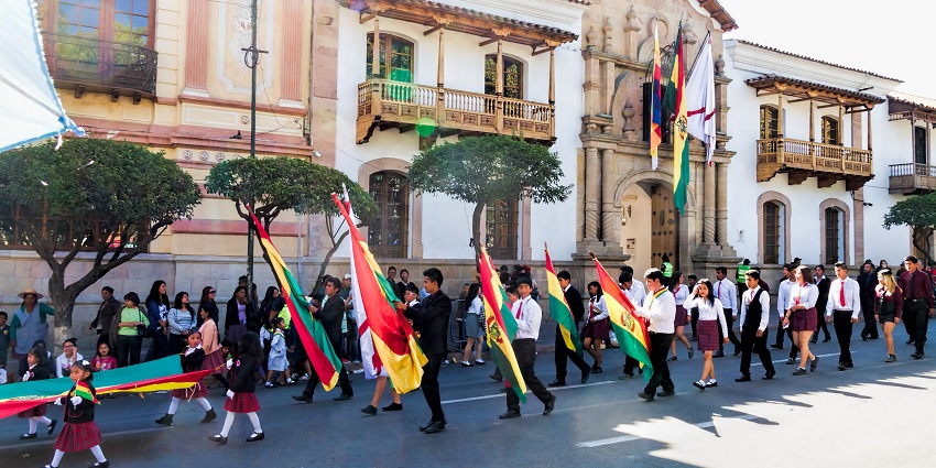 Marching bands and schoolchildren parade in patriotic style on Bolivia’s Independence Day.