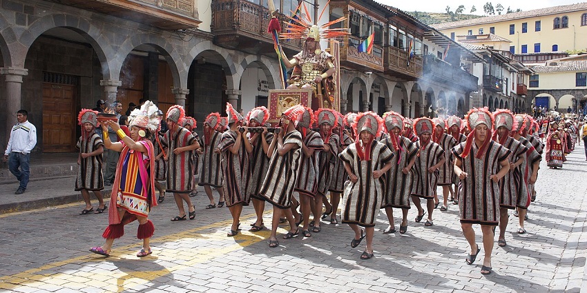 Performers in traditional Inca attire reenact rituals during Inti Raymi, one of the festivals in Peru.