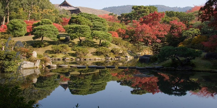 Isuien garden with unique coloured trees, a still water body and stone steps on the waterbody