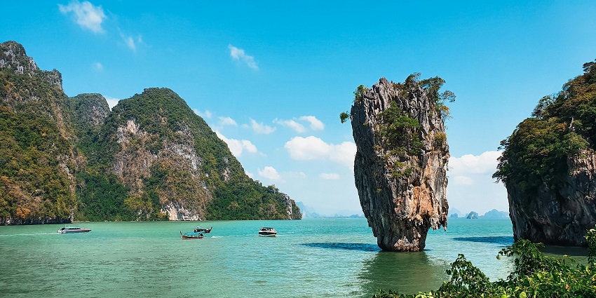 A scenic view of James Bond Island, one of the top places to visit in Phuket in May.