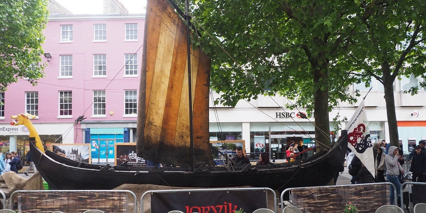 Image of Jorvik Viking festival decoration around the street during day time view