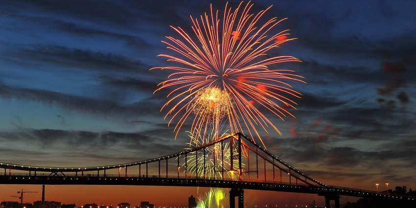 Fireworks and celebrations over the Dnipro River during Kyiv Day, one of the top festivals in Ukraine.
