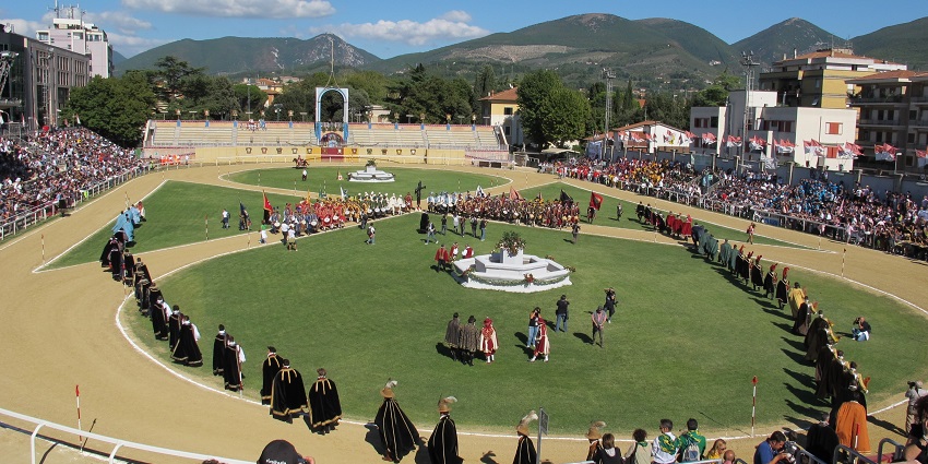 Mediaeval costumed horsemen competing in a jousting tournament during La Quintana