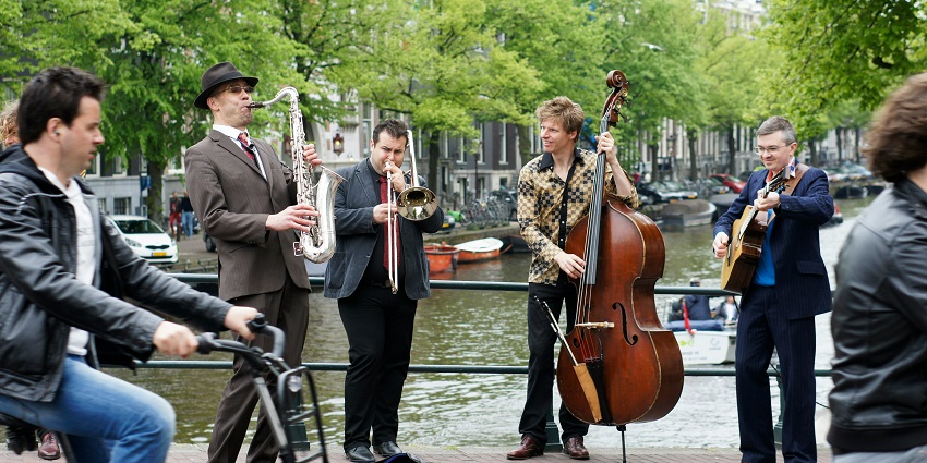 Jazz musicians performing on stage at Leopolis Jazz Fest in the cultural city of Lviv.