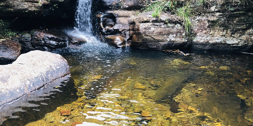 Lover’s Leap Waterfall is surrounded by green hills and tea plantations.