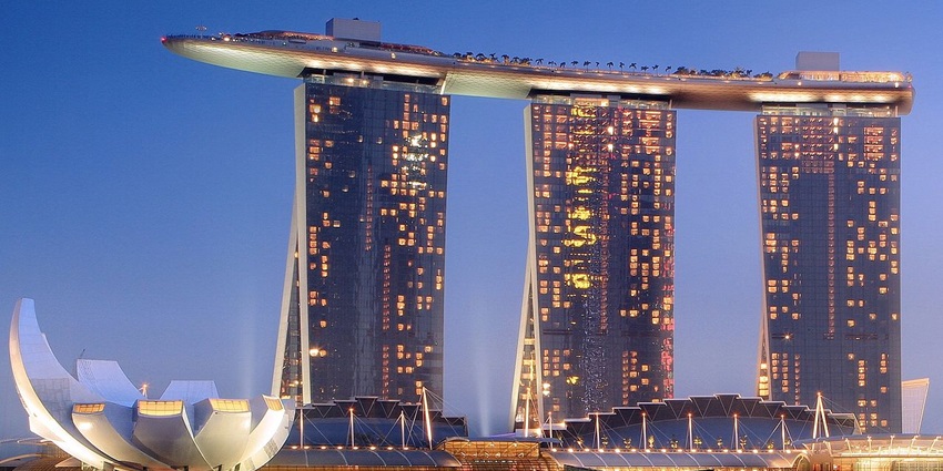 Iconic Marina Bay Sands resort with three towers and a sky-deck floating above Singapore Bay
