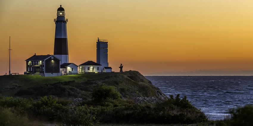 Scenic view of the Montauk Point Lighthouse overlooking the Atlantic Ocean near New York.