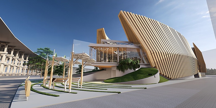 Indonesian pavilion at World Expo 2025 with unique, modern architecture and distant small trees