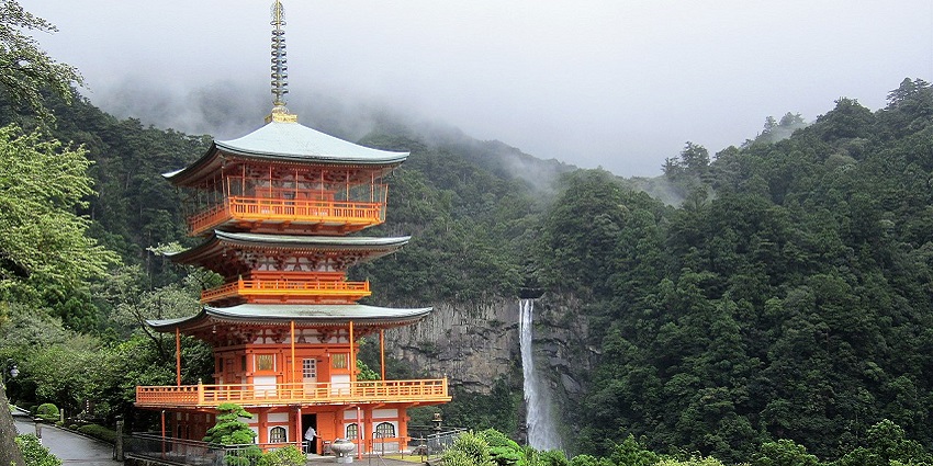Nachi Falls, one of the waterfalls in Japan, with water cascading amid lush greenery