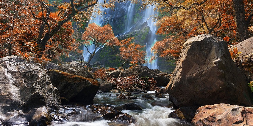 Namtok Ton Nga Chang, a multi-tiered waterfall surrounded by lush forest in Thailand.