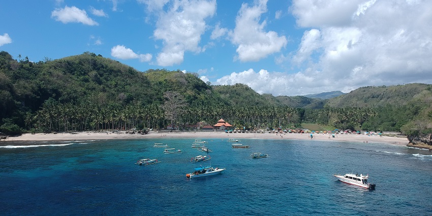 A coastal view of Nusa Pendia featuring turquoise waters, lush cliffs, and a beautiful beach.