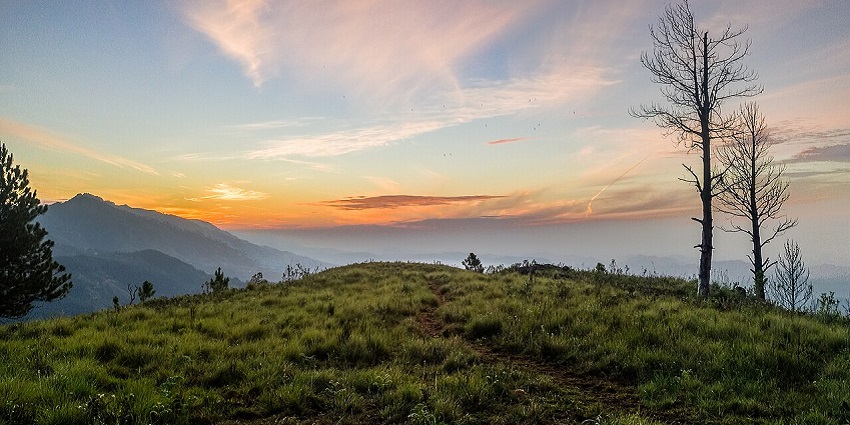 The skyline in Ohiya turns reddish during a beautiful sunset observed from a grassy hill.