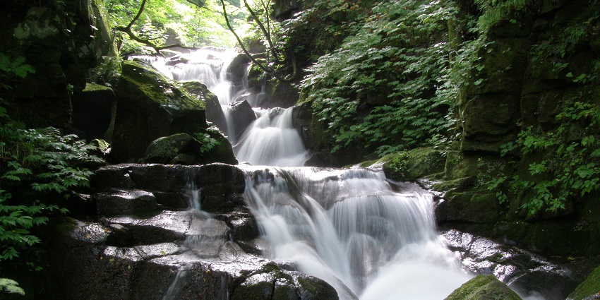 An image of Oirase Gorge, a famous place to visit in Japan during autumn, with a waterfall.