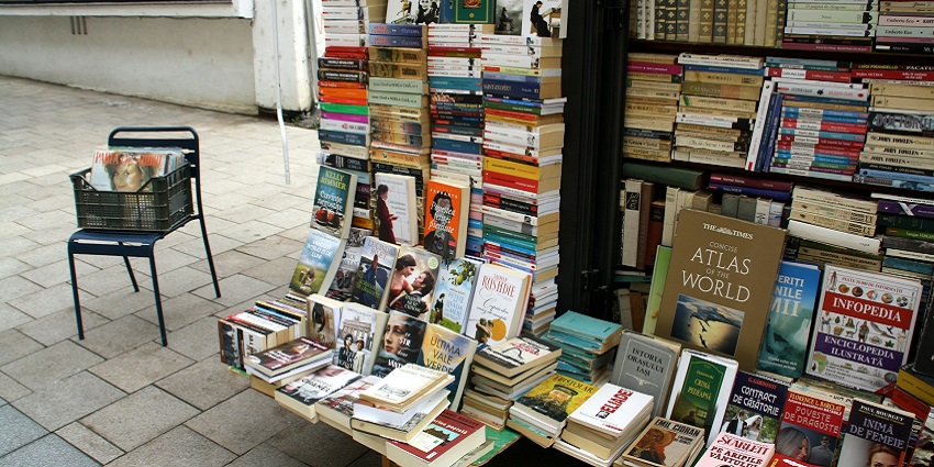 Stacks of second-hand books displayed at the Old Book Market in Vizag.