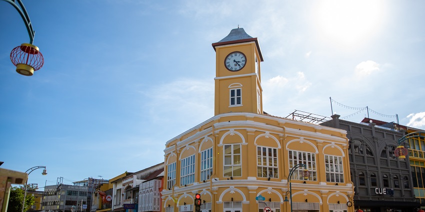 Picturesque view of the old Police Station of Phuket Municipality in yellow vibrant colour