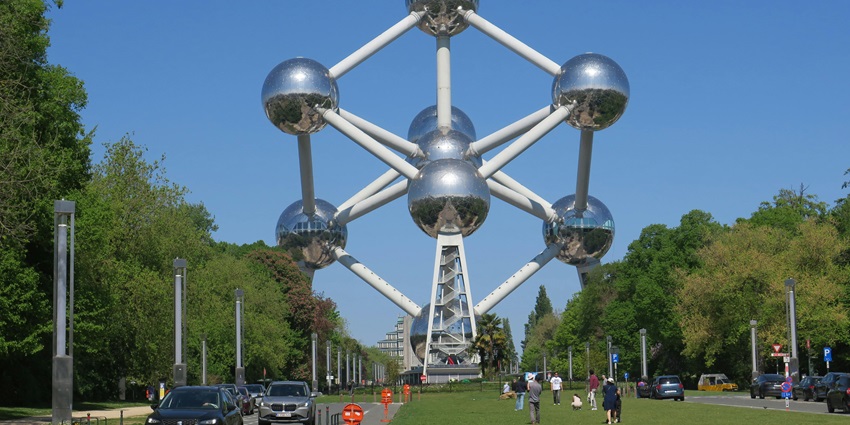 Atomium in the clear day under the sunny sky at the venue of World Expo